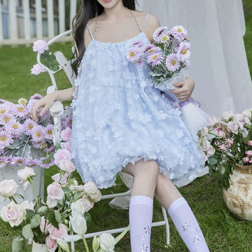 Blue Flower Floral Bud Dress 2024 New Sweet Sling With Short Small Man Dress
